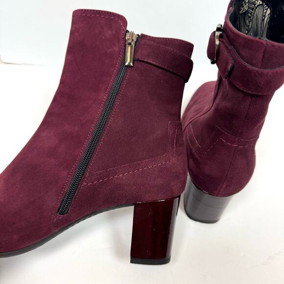 AQUATALIA by Marvin K Ankle Boots Burgundy Suede High Heel Buckle Size 11 - Picture 3 of 7